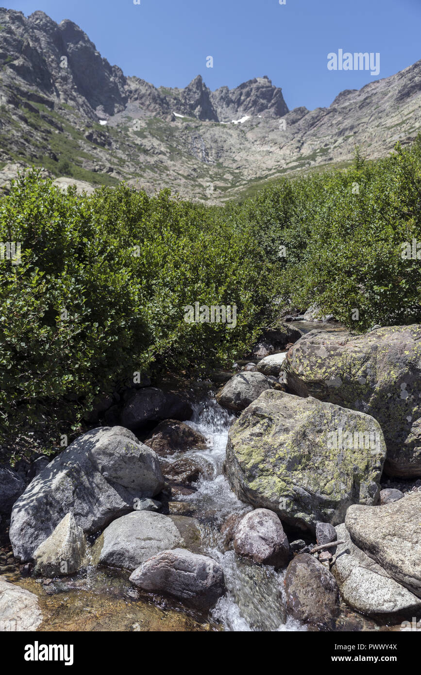 Il massiccio del Monte Cinto, la montagna più alta in Corsica (2706 m). Masyw Monte Cinto, najwyższa góra na Korsyce (2706 m). Foto Stock