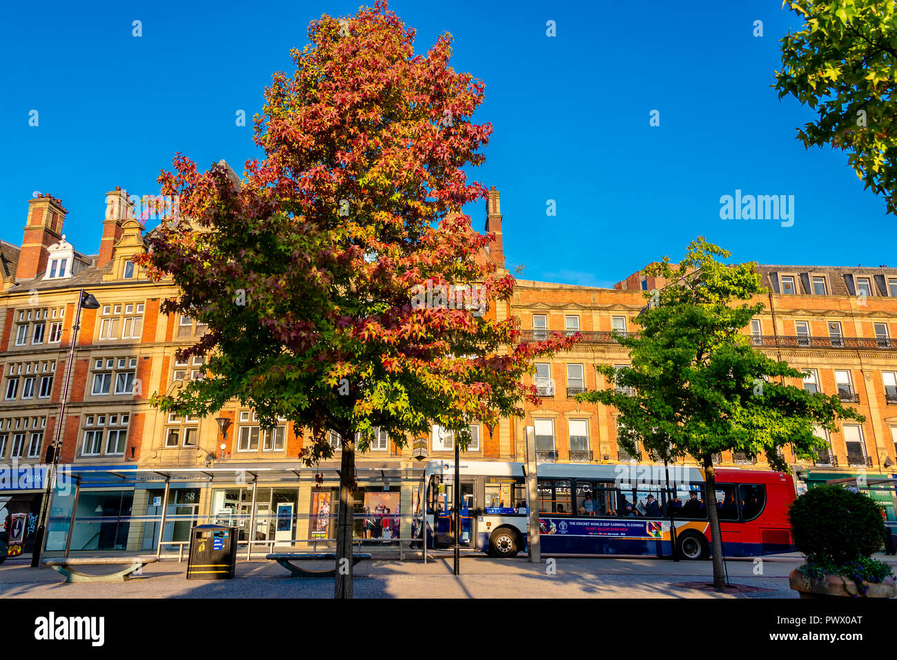 Sheffield, Regno Unito - 30 AGO 2018: Pace giardino pubblico aperto piazza municipio dotato di Sheffield Town Hall Foto Stock