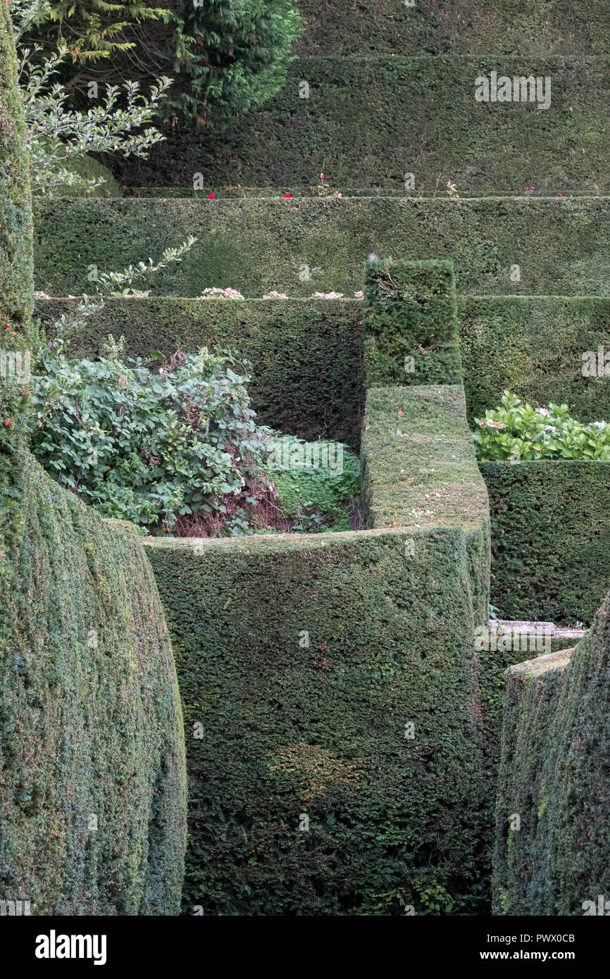 Port Lympne, Ashford Kent REGNO UNITO. Vista dei giardini, compresi splendidamente curato di siepi di bosso, a Port Lympne Hotel. Foto Stock