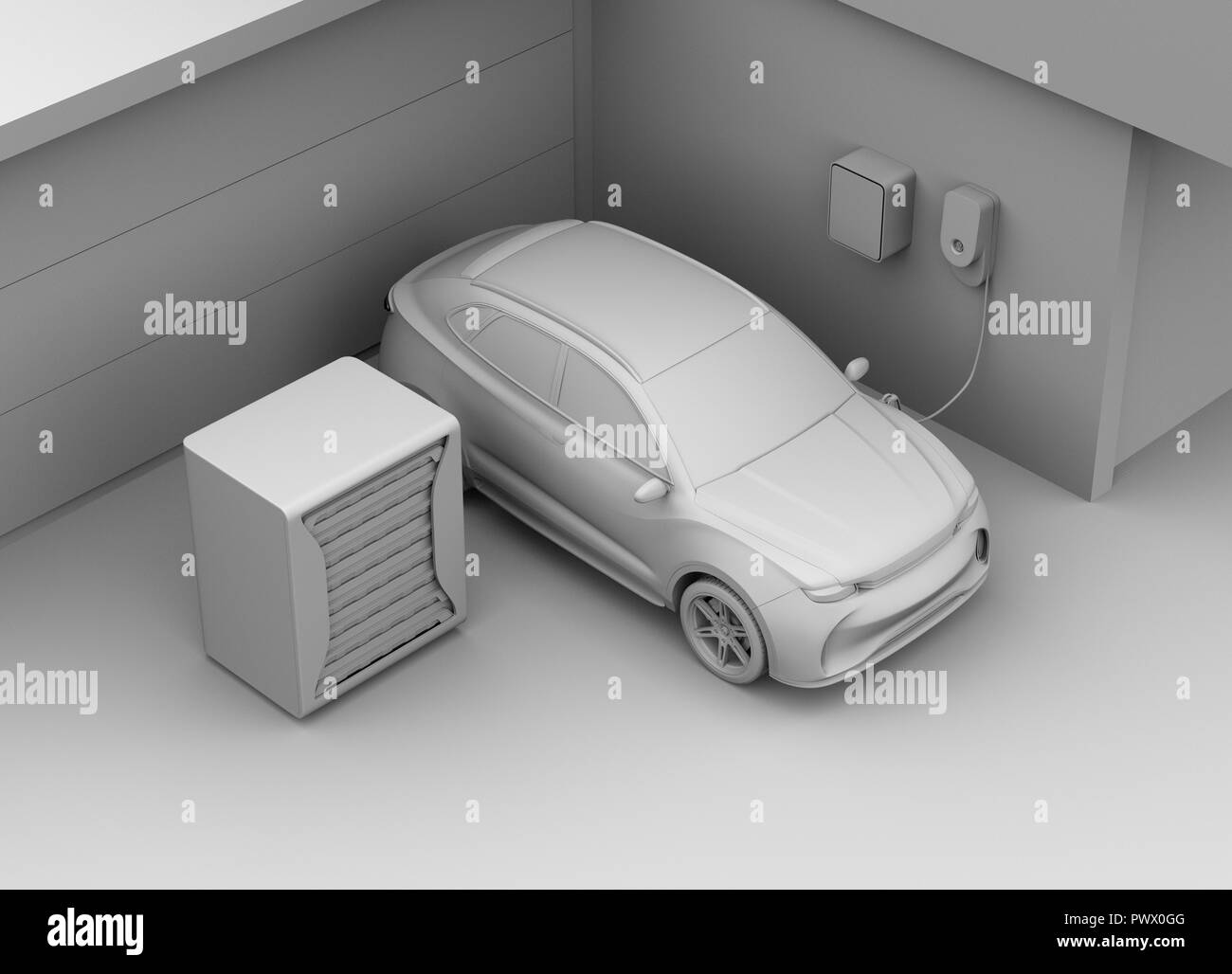 Il rendering di argilla del veicolo elettrico la ricarica in garage. Stazione di carica alimentato da riutilizzare le batterie EV. Il rendering 3D'immagine. Foto Stock