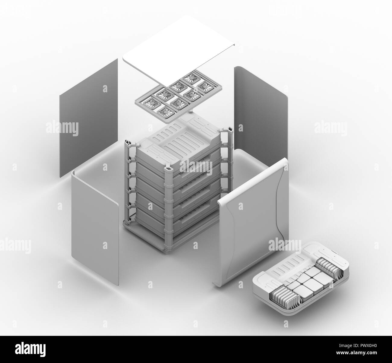 Il rendering di argilla di riutilizzare il veicolo elettrico batterie sistema di componenti. Vista esplosa. EV batterie concetto di riciclo. Il rendering 3D'immagine. Foto Stock
