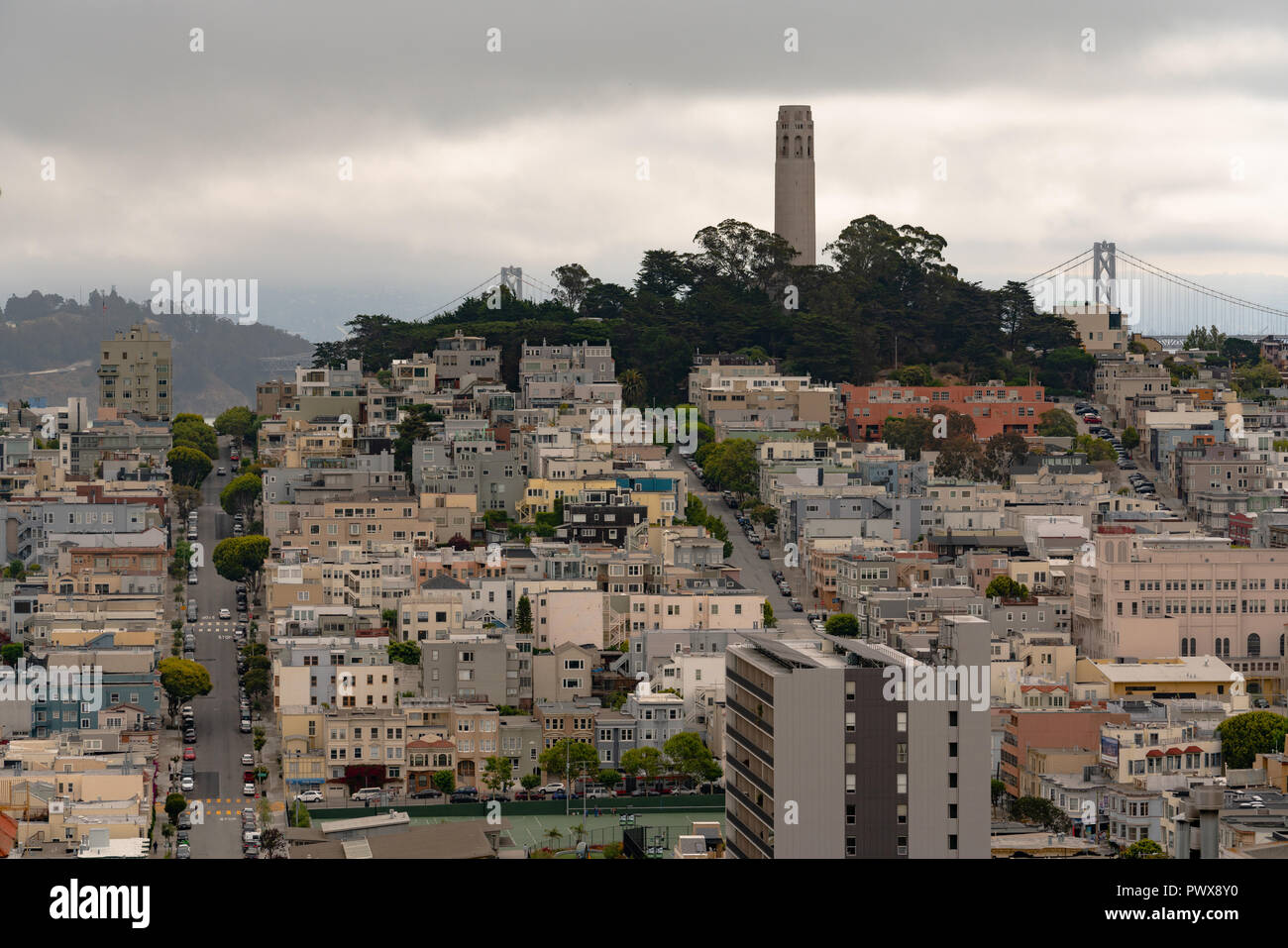 Sul colle del Telegrafo è Pioneer Park dove Coit Tower offre 360 splendide viste della baia e San Francisco Foto Stock