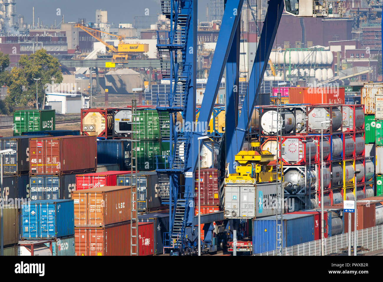 Terminale per container nel Rhein-Neckar-Hafen Mannheim, in termini di superficie il più grande porto interno in Germania, contenitore di trasbordo dal fiume, una rampa Foto Stock