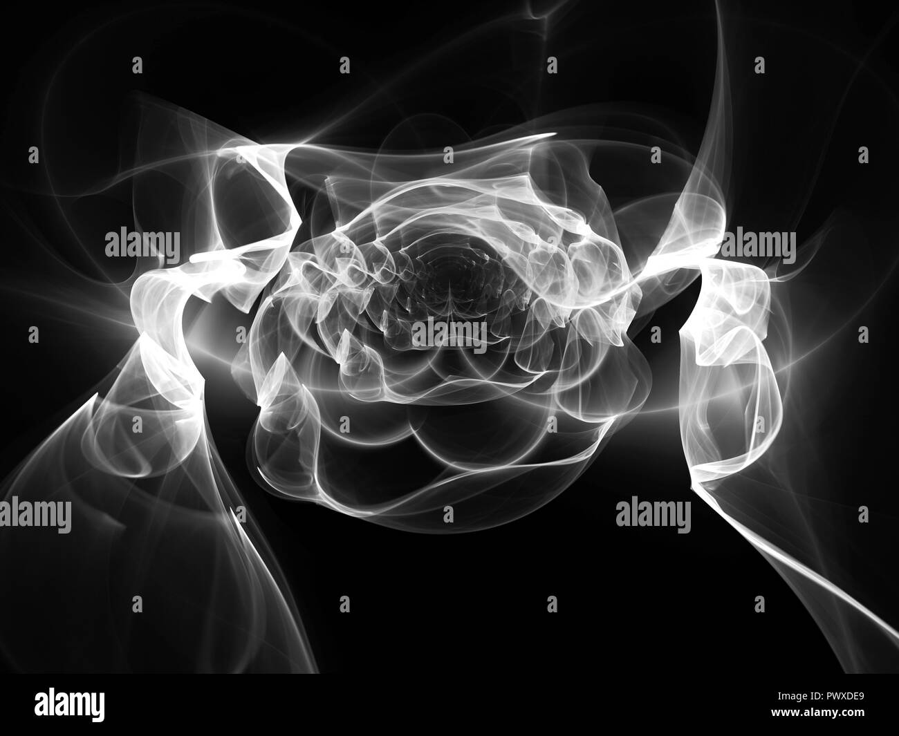 Fiamma incandescente curve frattali, generato dal computer sfondo astratto, bianco e nero, rendering 3D Foto Stock