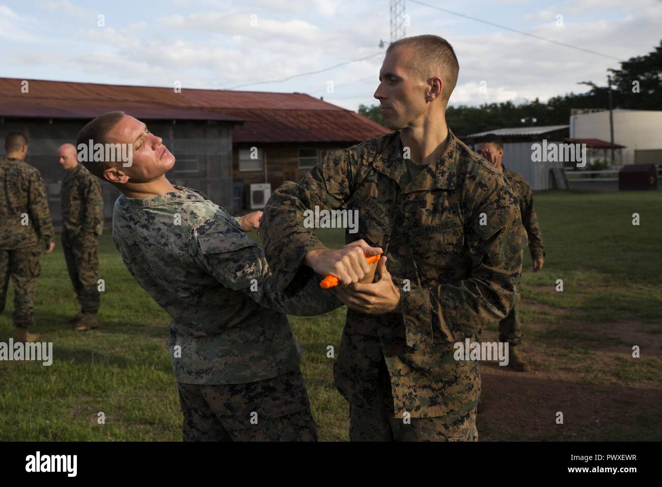 Stati Uniti Marine Cpl. Peter M. Carlton, attrezzature pesanti operatore con la logistica di elemento di combattimento per scopi speciali Air-Ground Marine Task Force - Comando Sud e Cpl. Kyler Barrett, atterraggio assistenza specialistica con la LCE, rivedere Marine Corps Arti Marziali programma cintura marrone tecniche al di soto Cano Air Base, Honduras, 26 giugno 2017. Lo scopo di MCMAP è quello di migliorare la forma fisica e aiuto nello sviluppo personale di ciascun Marine in impostazione di un raggruppamento. I marines e i marinai di SPMAGTF-SC sono distribuiti in America centrale per i prossimi sei mesi per condurre la cooperazione in materia di sicurezza e di formazione eng Foto Stock