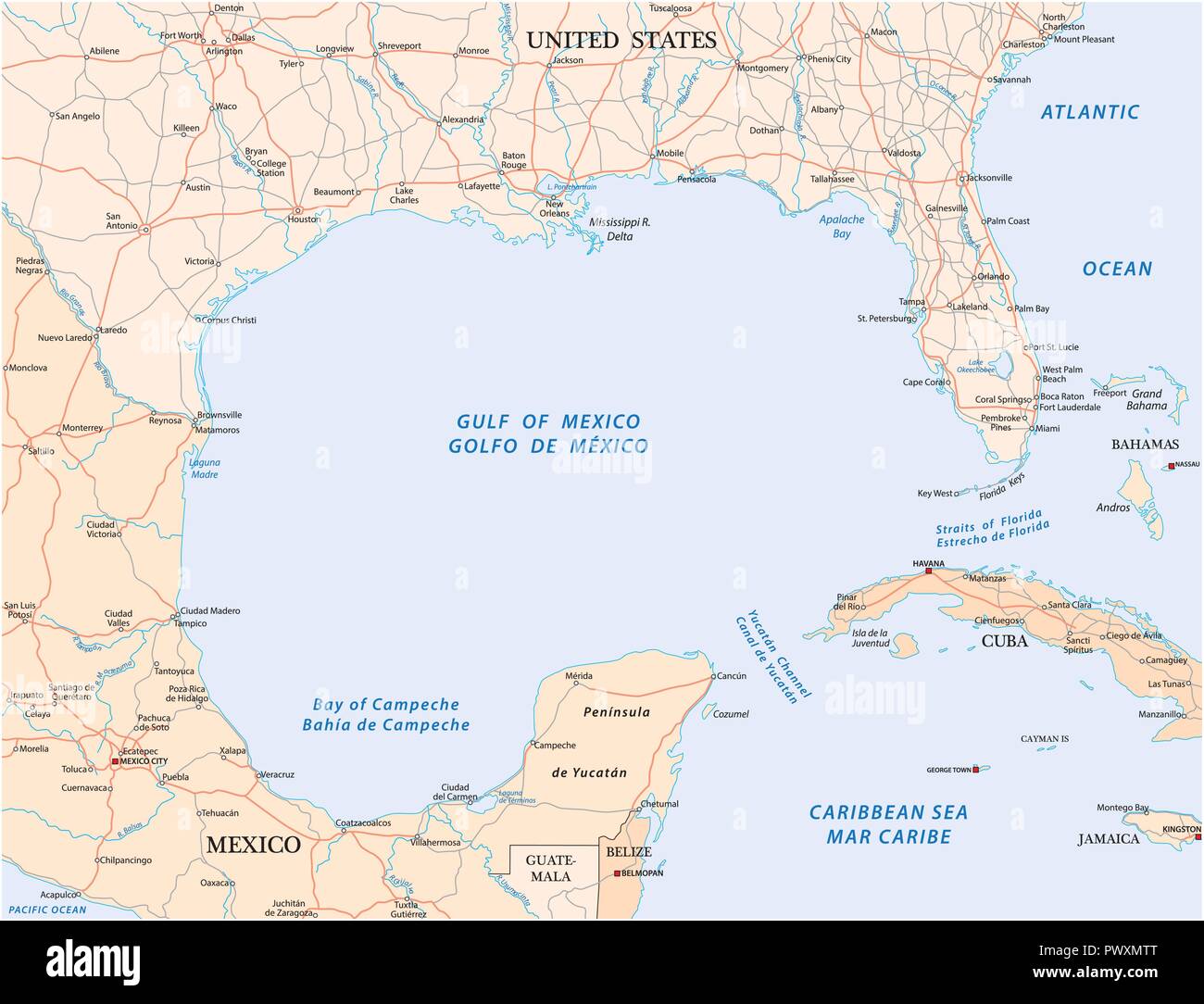 Golfo del Messico road mappa vettoriale. Illustrazione Vettoriale
