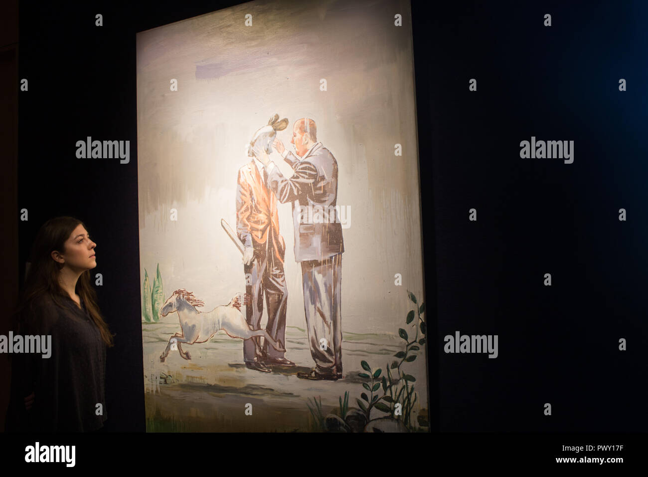 Londra REGNO UNITO. Il 18 ottobre 2018. Bonhams Anteprima di quella islamica e indiana, moderno e contemporaneo del Medio Oriente, di arte e di Arte Moderna e Contemporanea a sud di arte asiatica che la vendita avviene prima di arte asiatica Settimana: andando ad ovest olio su tela ,Nicky Nodjoumi (Iran,nato 1942) £ 14,000-18,000 Credito: amer ghazzal/Alamy Live News Foto Stock