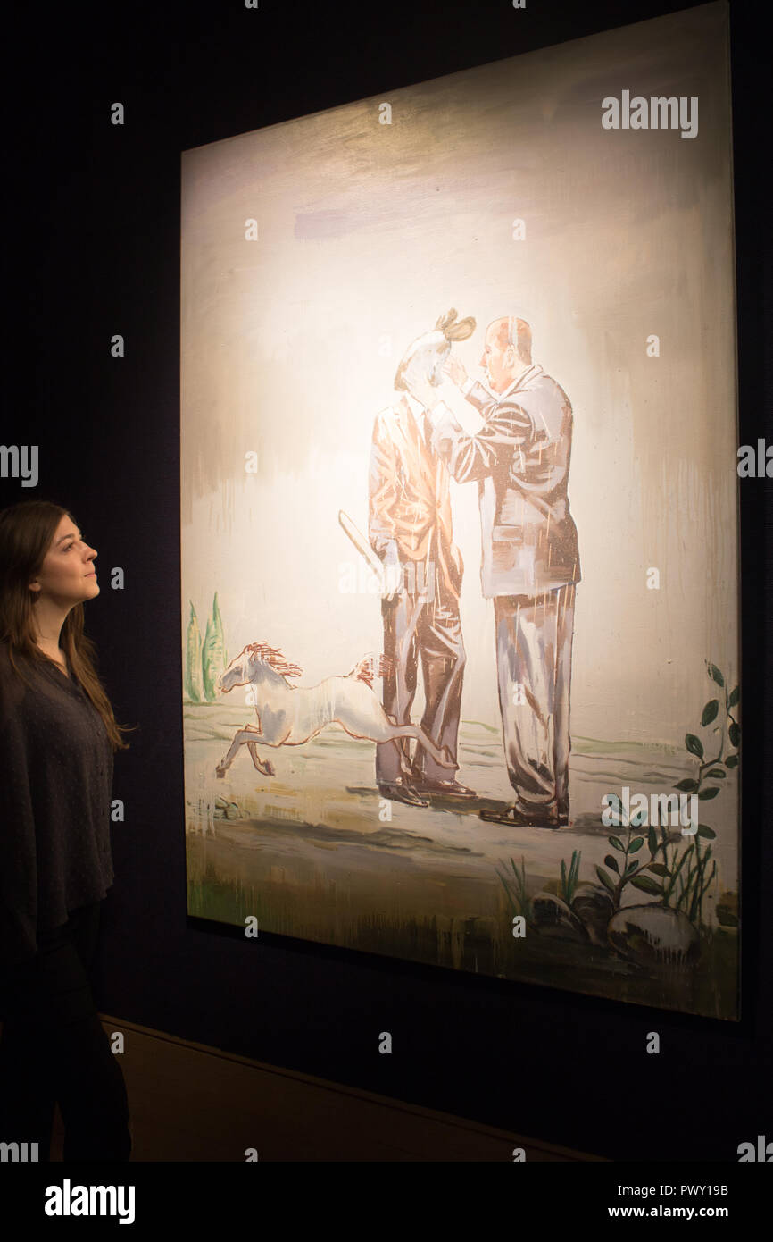 Londra REGNO UNITO. Il 18 ottobre 2018. Bonhams Anteprima di quella islamica e indiana, moderno e contemporaneo del Medio Oriente, di arte e di Arte Moderna e Contemporanea a sud di arte asiatica che la vendita avviene prima di arte asiatica Settimana: andando ad ovest olio su tela ,Nicky Nodjoumi (Iran,nato 1942) £ 14,000-18,000 Credito: amer ghazzal/Alamy Live News Foto Stock