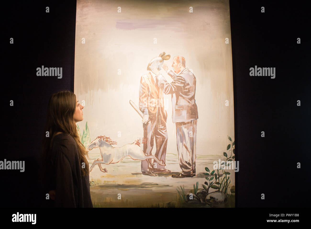 Londra REGNO UNITO. Il 18 ottobre 2018. Bonhams Anteprima di quella islamica e indiana, moderno e contemporaneo del Medio Oriente, di arte e di Arte Moderna e Contemporanea a sud di arte asiatica che la vendita avviene prima di arte asiatica Settimana: andando ad ovest olio su tela ,Nicky Nodjoumi (Iran,nato 1942) £ 14,000-18,000 Credito: amer ghazzal/Alamy Live News Foto Stock