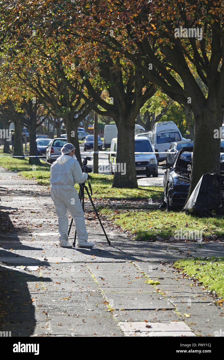 Liverpool, Regno Unito. Il 18 ottobre 2018. Un cordone di polizia attorno ad un bruciato auto in strada Abbeystead Childwall. Un colore scuro Audi abbandonate su un orlo di erba, 1.7 miglia da ultima notte di riprese in Alderson Rd, Wavertree. Un forensics officer è di scattare foto e la raccolta delle prove sulla scena. La polizia non sono dicendo in questa fase se la vettura è stata coinvolta in ultima notte di omicidio. Credito: Ken Biggs/Alamy Live News. Foto Stock