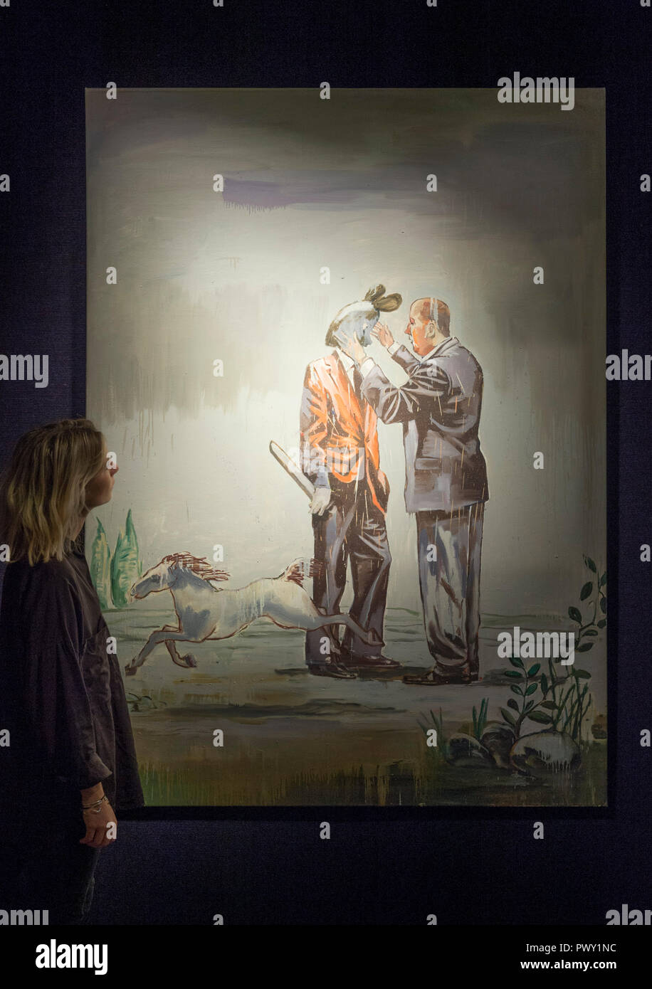 Bonhams, New Bond Street, Londra, Regno Unito. 18 ottobre, 2018. Bonhams islamici e indiani, moderno e contemporaneo del Medio Oriente, di arte e di Arte Moderna e Contemporanea a sud arte asiatica vendita avviene prima di arte asiatica settimana. Immagine: Nicky Nodjoumi (Iran), andando ad ovest. Credito: Malcolm Park/Alamy Live News. Foto Stock