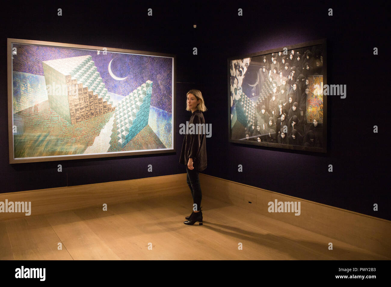 Londra REGNO UNITO. Il 18 ottobre 2018. Bonhams Anteprima di quella islamica e indiana, moderno e contemporaneo del Medio Oriente, di arte e di Arte Moderna e Contemporanea a sud di arte asiatica che la vendita avviene prima di arte asiatica settimana : Il trascendentale Mansion della luna,Ahmed Moustafa (Egitto, nato nel 1943, stimato a £ 50.000 - 70.000 Credito: amer ghazzal/Alamy Live News Foto Stock