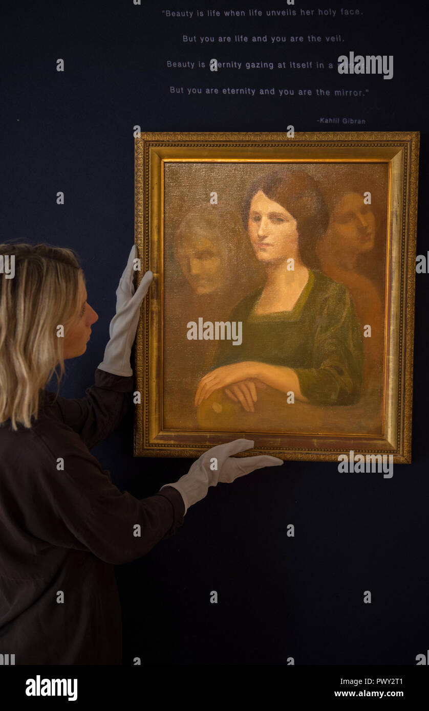Bonhams, New Bond Street, Londra, Regno Unito. 18 ottobre, 2018. Bonhams islamici e indiani, moderno e contemporaneo del Medio Oriente, di arte e di Arte Moderna e Contemporanea a sud di arte asiatica anteprima di vendita. Immagine: Kahlil Gibran (Libano), Ritratto di Charlotte Teller, c 1908-1910. Credito: Malcolm Park/Alamy Live News. Foto Stock