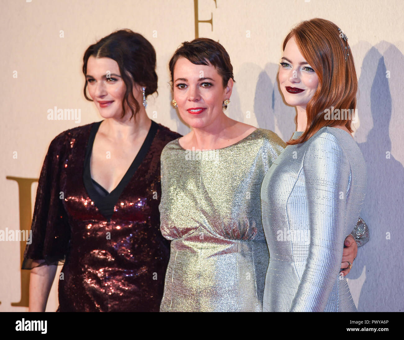 Rachel Weisz, Olivia Colman e pietra della Emma frequentare il Regno Unito Premiere del "favorito" & American Express a Gala La sessantaduesima BFI London Film Festival. Foto Stock
