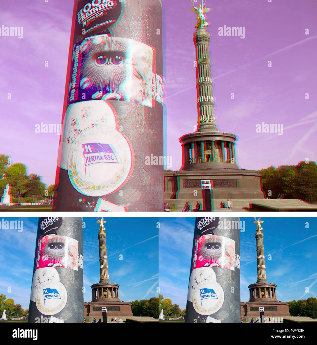 3d-Bild: rot-ciano (mit rot/ciano-Brille sichtbar) und Stereo (mit VR-Brille sichtbar): Impressionen: Siegessaeule, Grosser Stern, Berlino (nur fuer reda Foto Stock