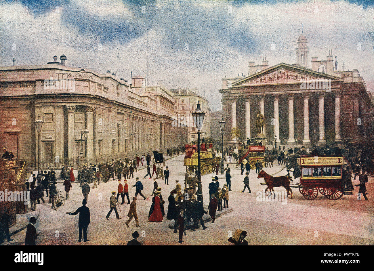 La Banca di Inghilterra e la Royal Exchange di Londra, Inghilterra. Dal Business enciclopedia e consigliere giuridico, pubblicato 1920. Foto Stock