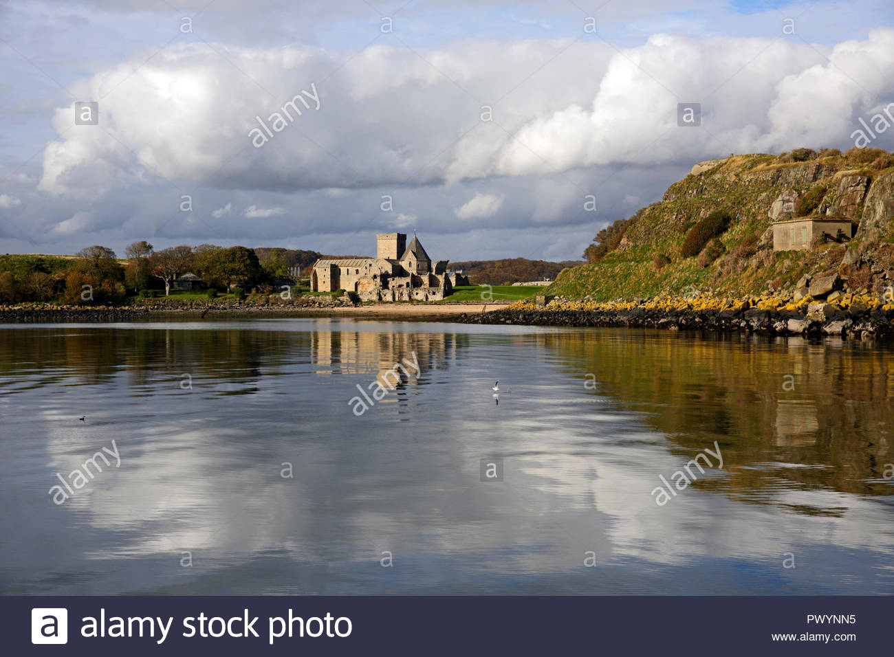 Vista Isola Inchcolm e Inchcolm Abbey nel Firth of Forth, nei pressi di Edimburgo in Scozia Foto Stock