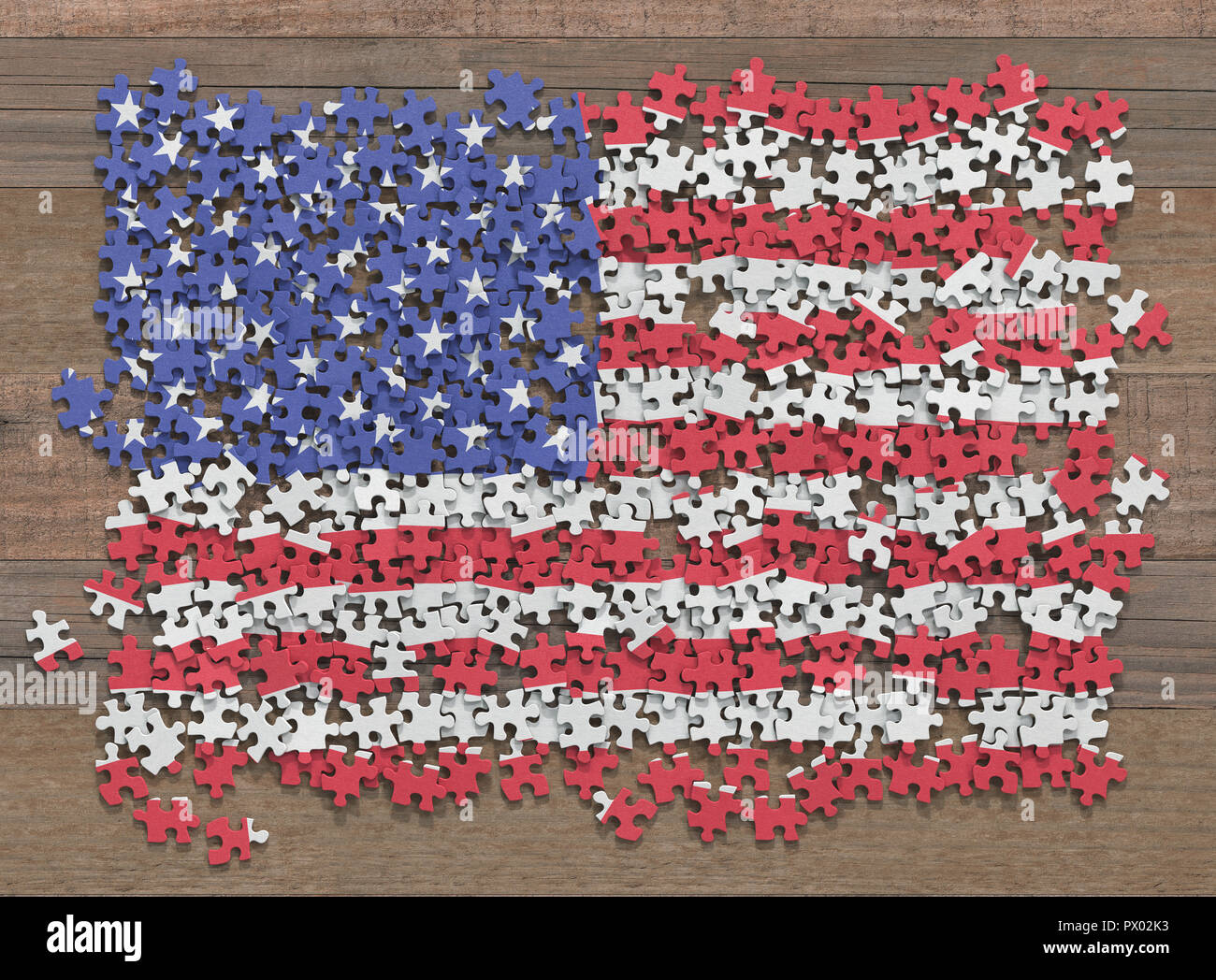 Bandiera degli Stati Uniti in disorganizzato di pezzi di un puzzle. Foto Stock