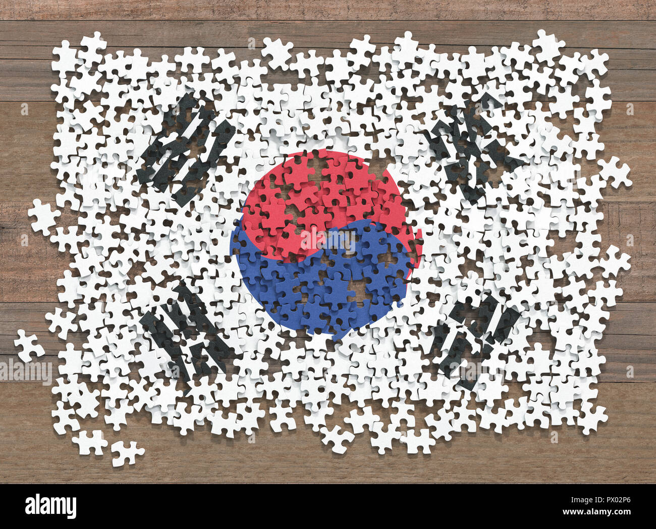 Bandiera della Corea del Sud in disorganizzato di pezzi di un puzzle. Foto Stock