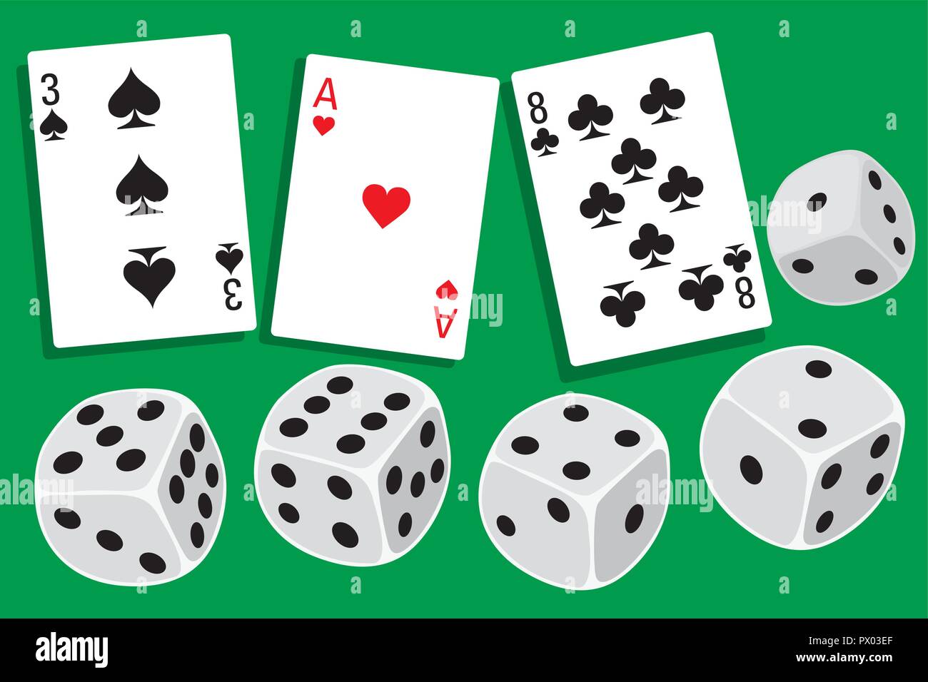 Giocare con i dadi e laminazione diverse carte da gioco club, cuori e  picche in background - illustrazione nella semplice design pulito Immagine  e Vettoriale - Alamy