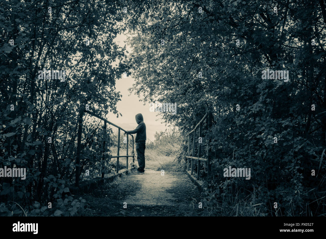 Un spooky incappucciati Figura che guarda su un sentiero di bosco, con un grunge, vintage duo Modifica tono Foto Stock