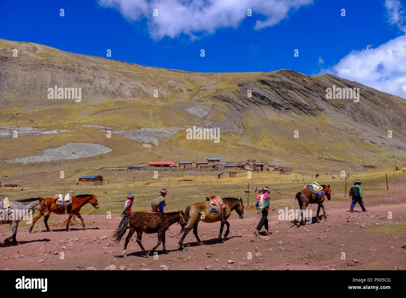 I POPOLI INDIGENI E ci cavallo sull'escursione a VINICUNCA o Rainbow Mountain Foto Stock