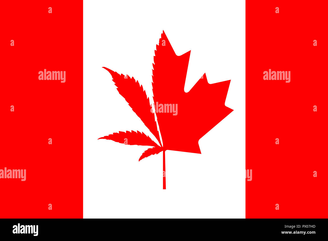 Illustrazione della bandiera canadese con mezza pianta di cannabis e mezza foglia di acero. Concetto di legalizzazione della marijuana in Canada nel 2018. Foto Stock