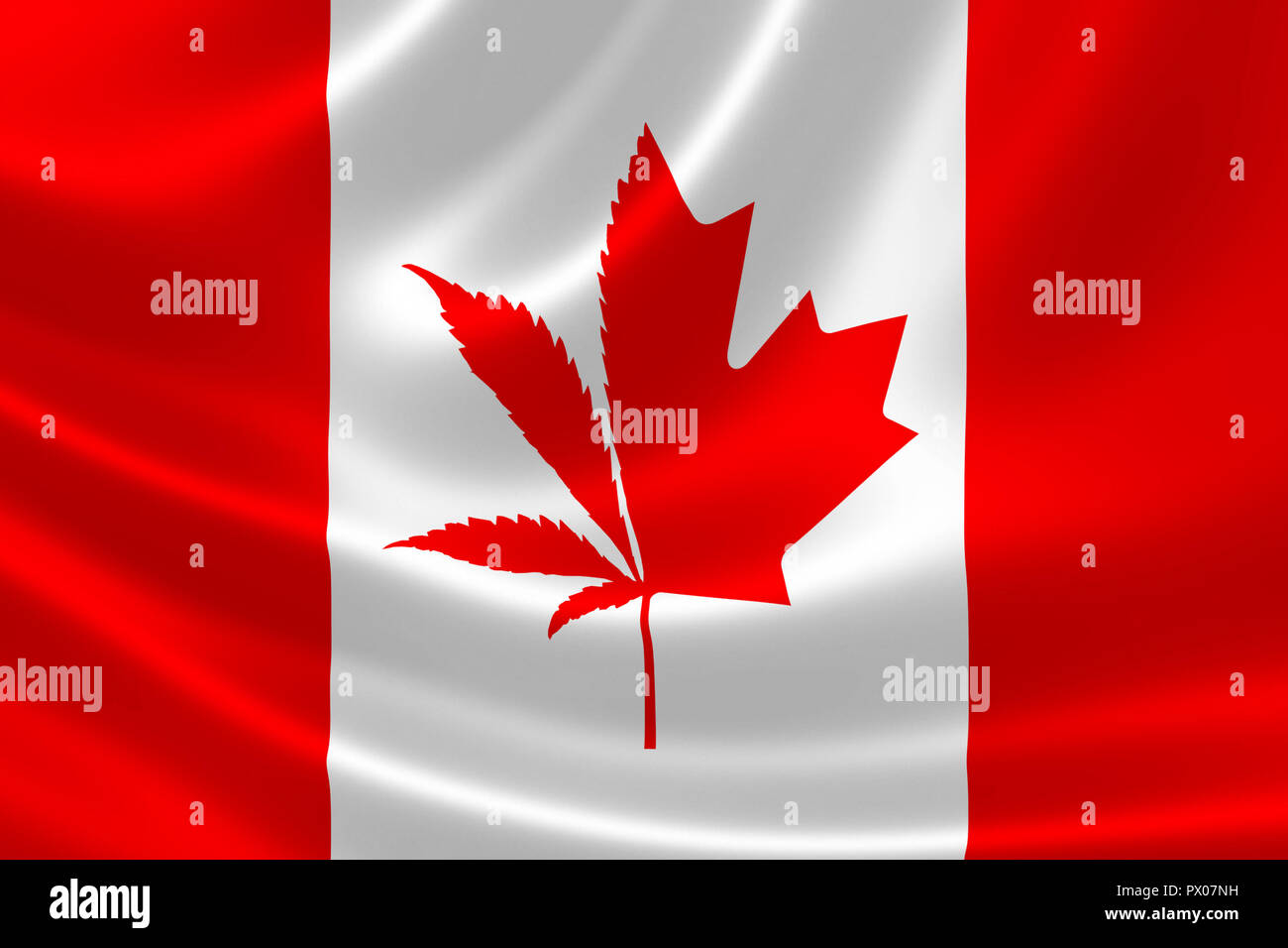 3D illustrazione della bandiera canadese con la pianta di cannabis e la foglia di acero simbolo. Concetto di legalizzazione della marijuana in Canada nel 2018. Foto Stock