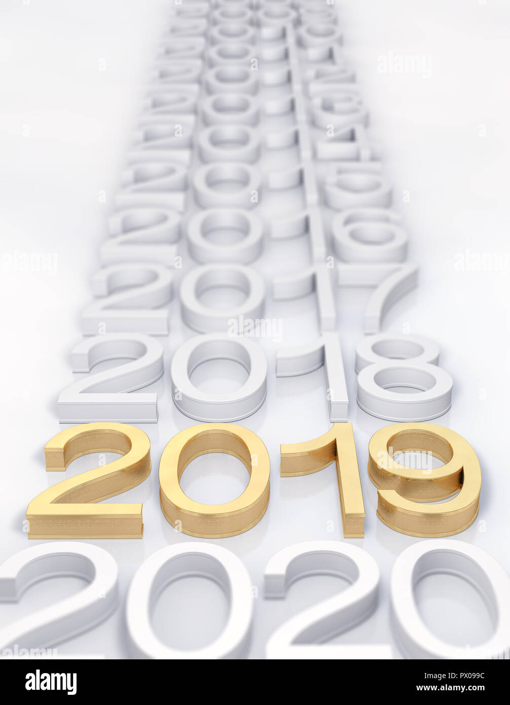 3D Golden 2019 su sfondo bianco. Tridimensionale di rendering. Focus su 2019 golden testo. Foto Stock