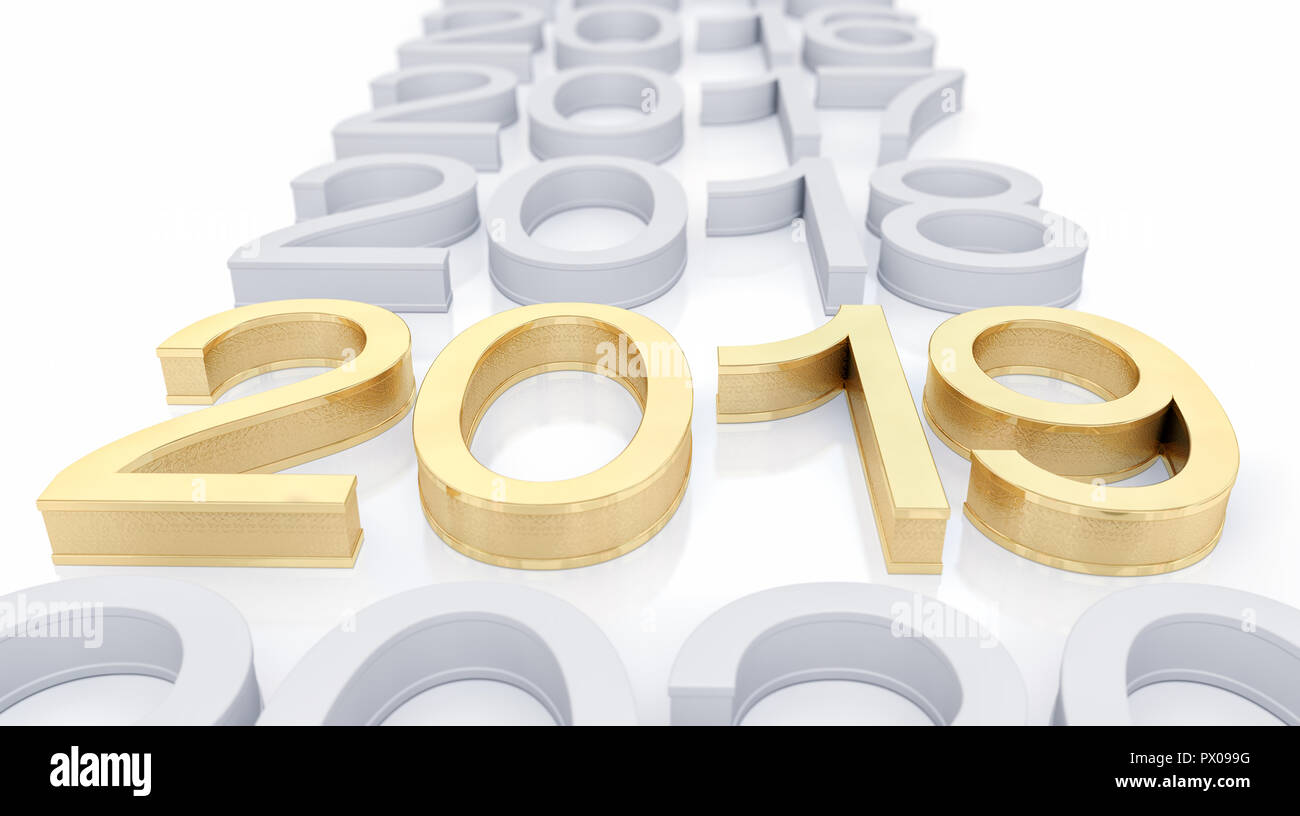 3D Oro metallico 2019 su sfondo bianco. Tridimensionale di rendering. Focus su 2019 golden testo. Foto Stock 3D Oro metallico 2019 su sfondo bianco. Tridimensionale di rendering. Focus su 2019 golden testo. Foto Stock