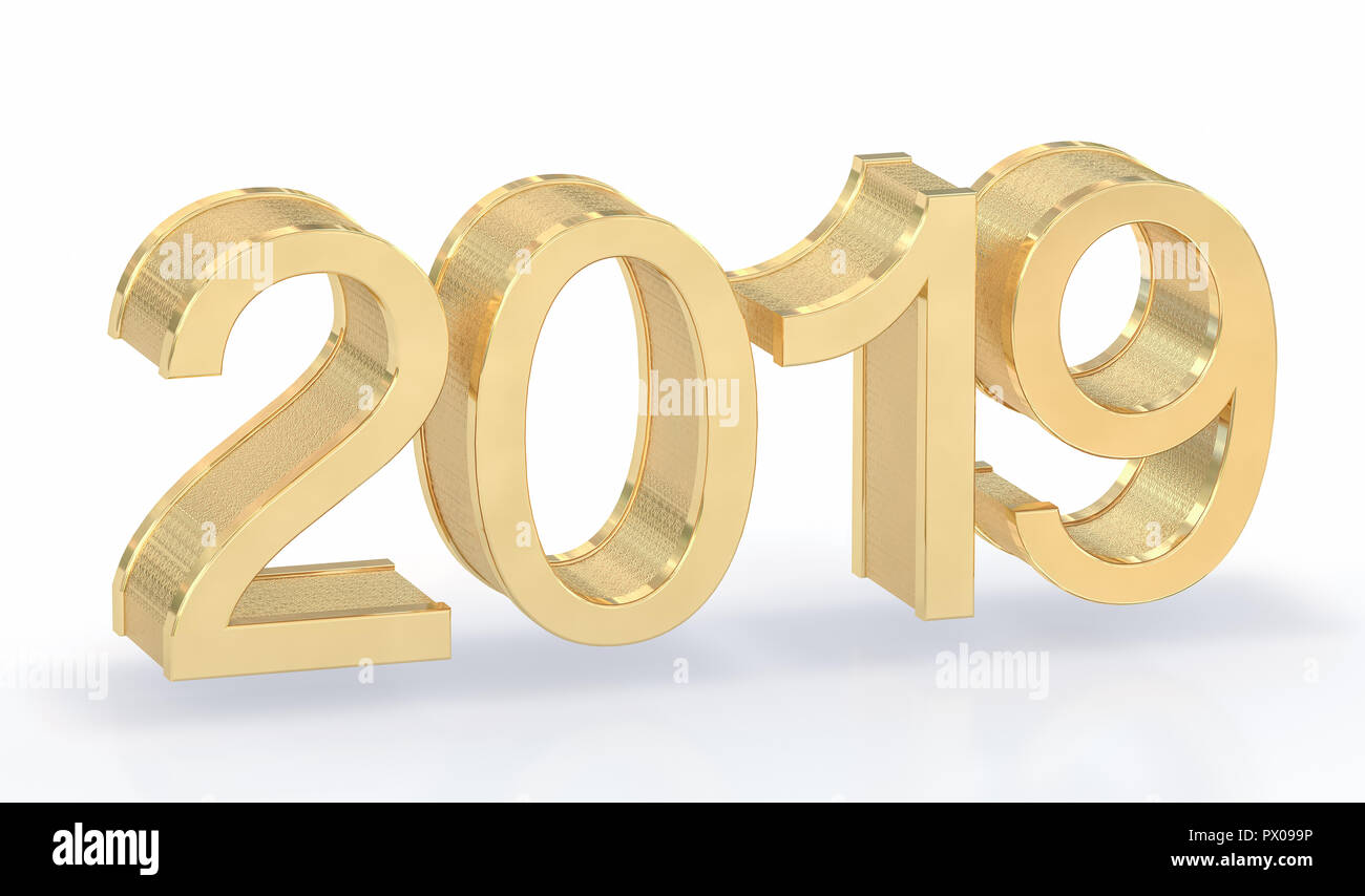 3D Oro metallico 2019 su sfondo bianco. Tridimensionale di rendering. Foto Stock 3D Oro metallico 2019 su sfondo bianco. Tridimensionale di rendering. Foto Stock