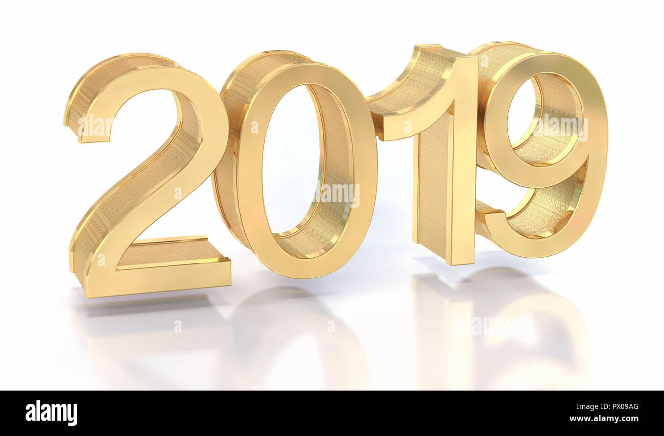 3D Oro metallico 2019 su sfondo bianco. Tridimensionale di rendering. Foto Stock