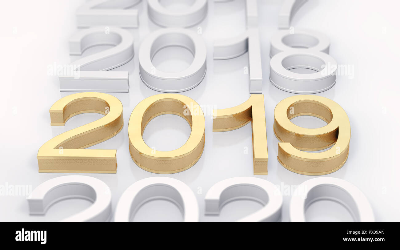 3D Oro metallico 2019 su sfondo bianco. Tridimensionale di rendering. Focus su 2019 golden testo. Foto Stock 3D Oro metallico 2019 su sfondo bianco. Tridimensionale di rendering. Focus su 2019 golden testo. Foto Stock