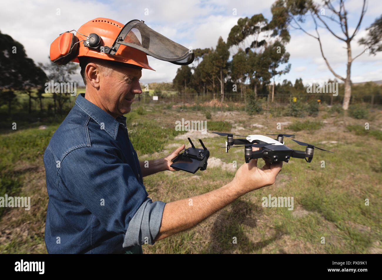 Lumberjack drone operativo nella foresta Foto Stock