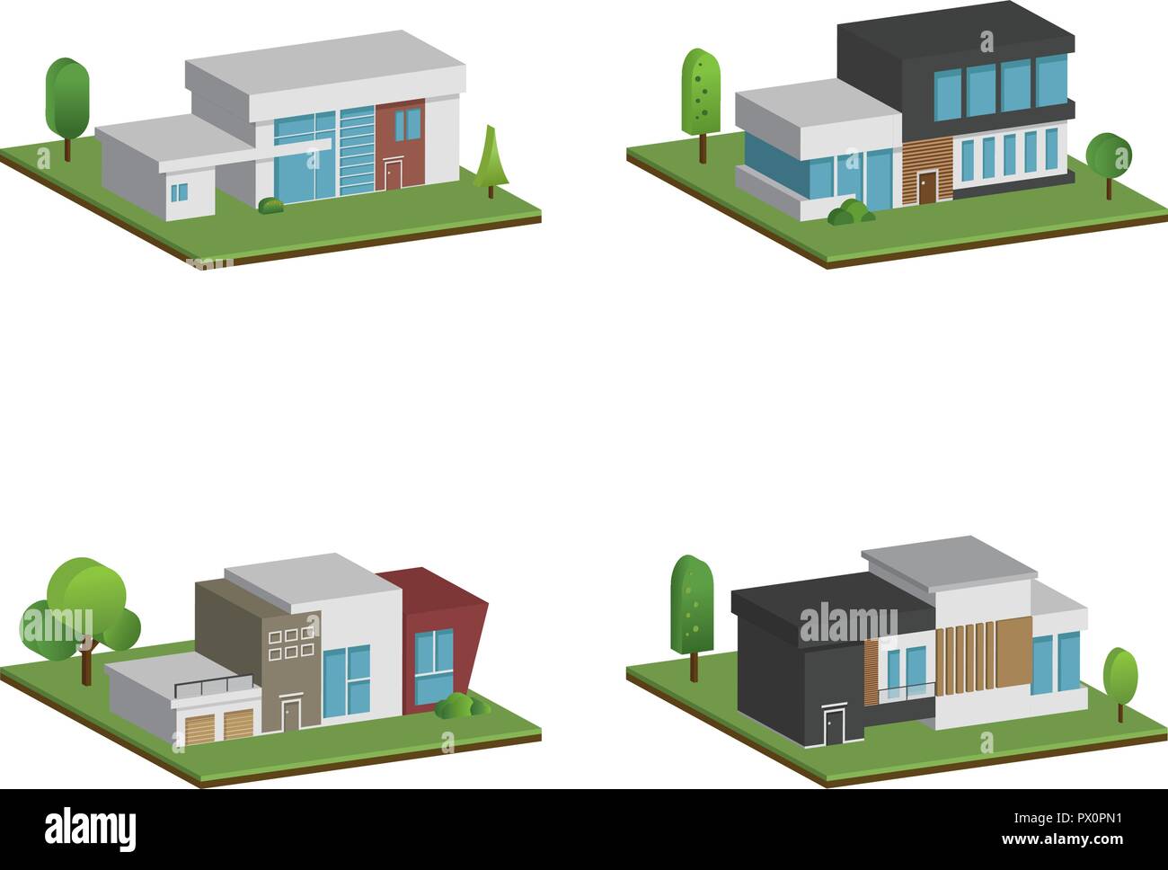 Set di quattro isometrica case e case moderne design, 3D Edificio moderno e architettura con massa, Vettore Collezione di 3D home illustrazione a w Illustrazione Vettoriale