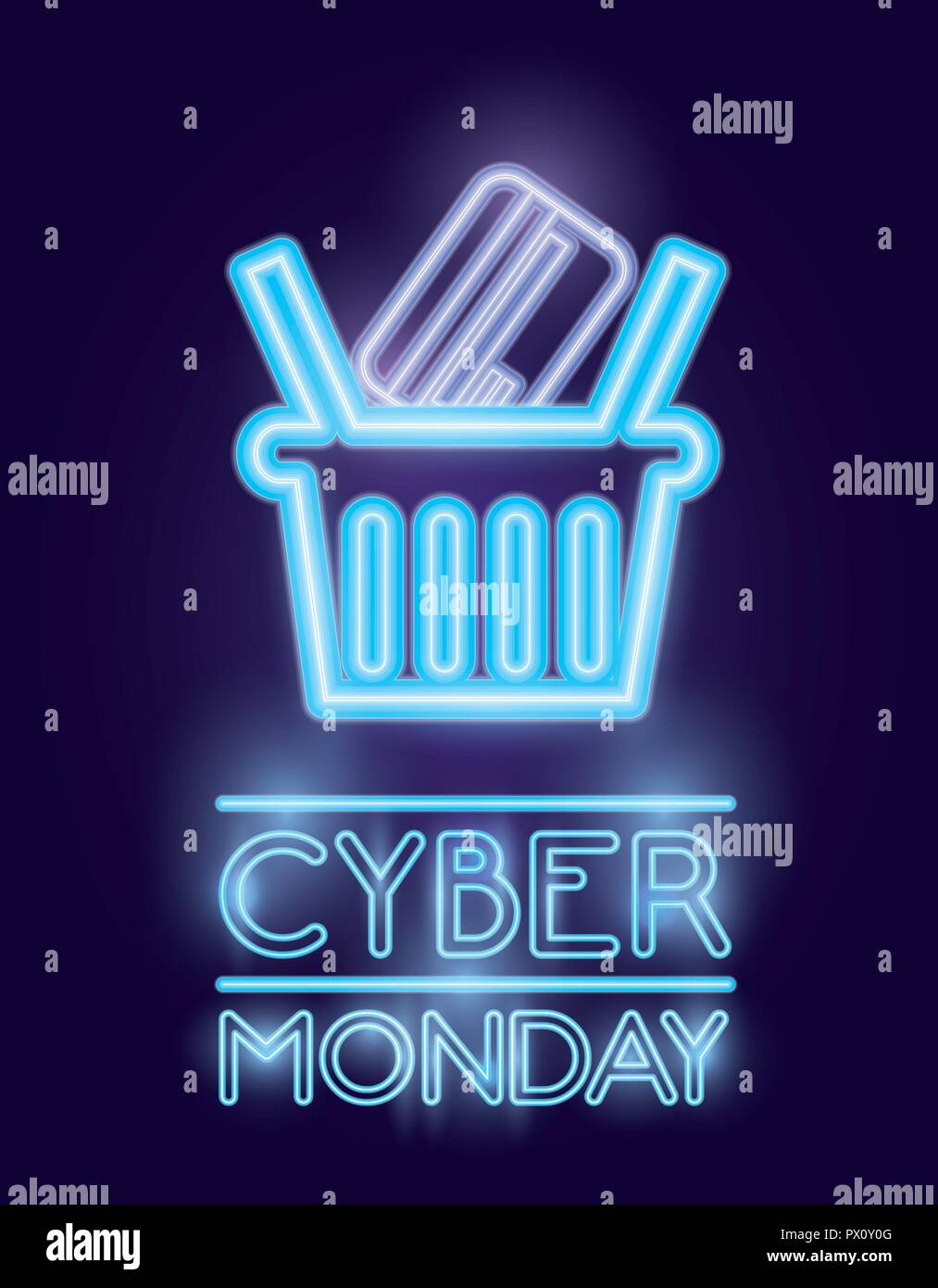 Cyber lunedì cestello carta di credito insegna al neon illustrazione vettoriale Illustrazione Vettoriale