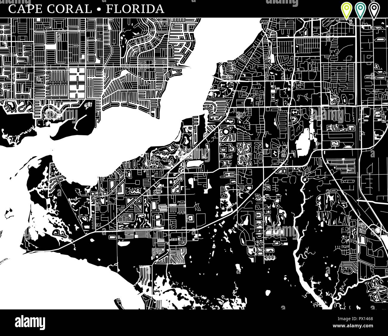 Mappa semplice di Cape Coral, Florida, Stati Uniti d'America. Versione in bianco e nero per gli sfondi. Questa mappa di Cape Coral contiene tre marcatori che vengono raggruppati e può Illustrazione Vettoriale