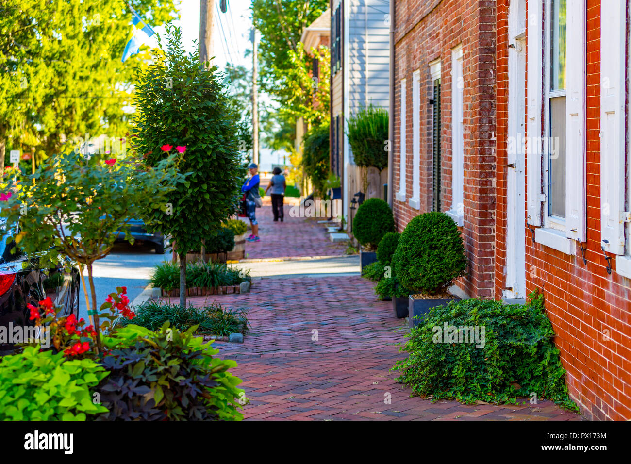 New Castle, DE, Stati Uniti d'America - 23 Settembre 2015: marciapiedi di mattoni con foglie colorate nel quartiere storico del Castello Nuovo. Foto Stock