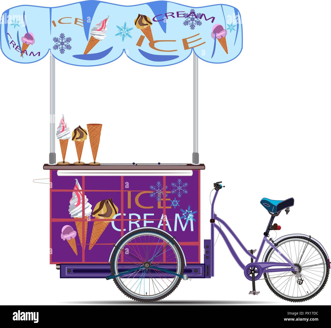 Illustrazione Vettoriale di tricicli gelato bike isolati su sfondo bianco. Mobile carrettino in stile appartamento. Illustrazione Vettoriale