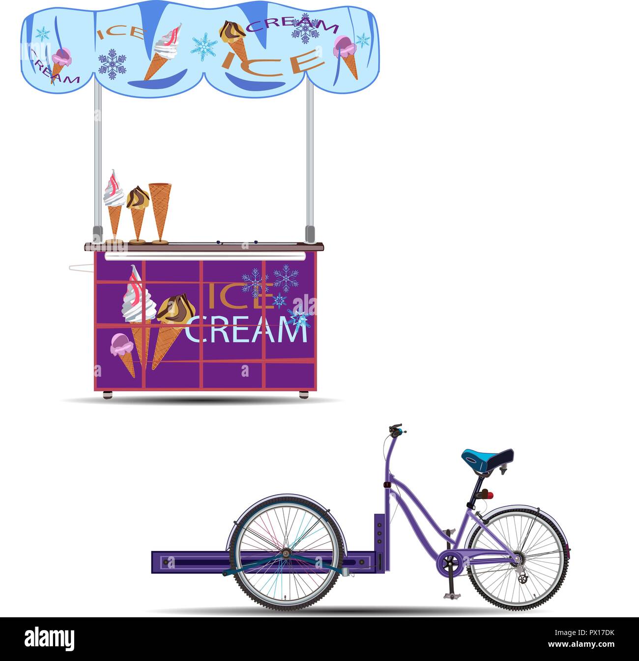 Illustrazione Vettoriale di tricicli gelato bike e stand di vendita isolati su sfondo bianco. Mobile carrettino in stile appartamento. Illustrazione Vettoriale