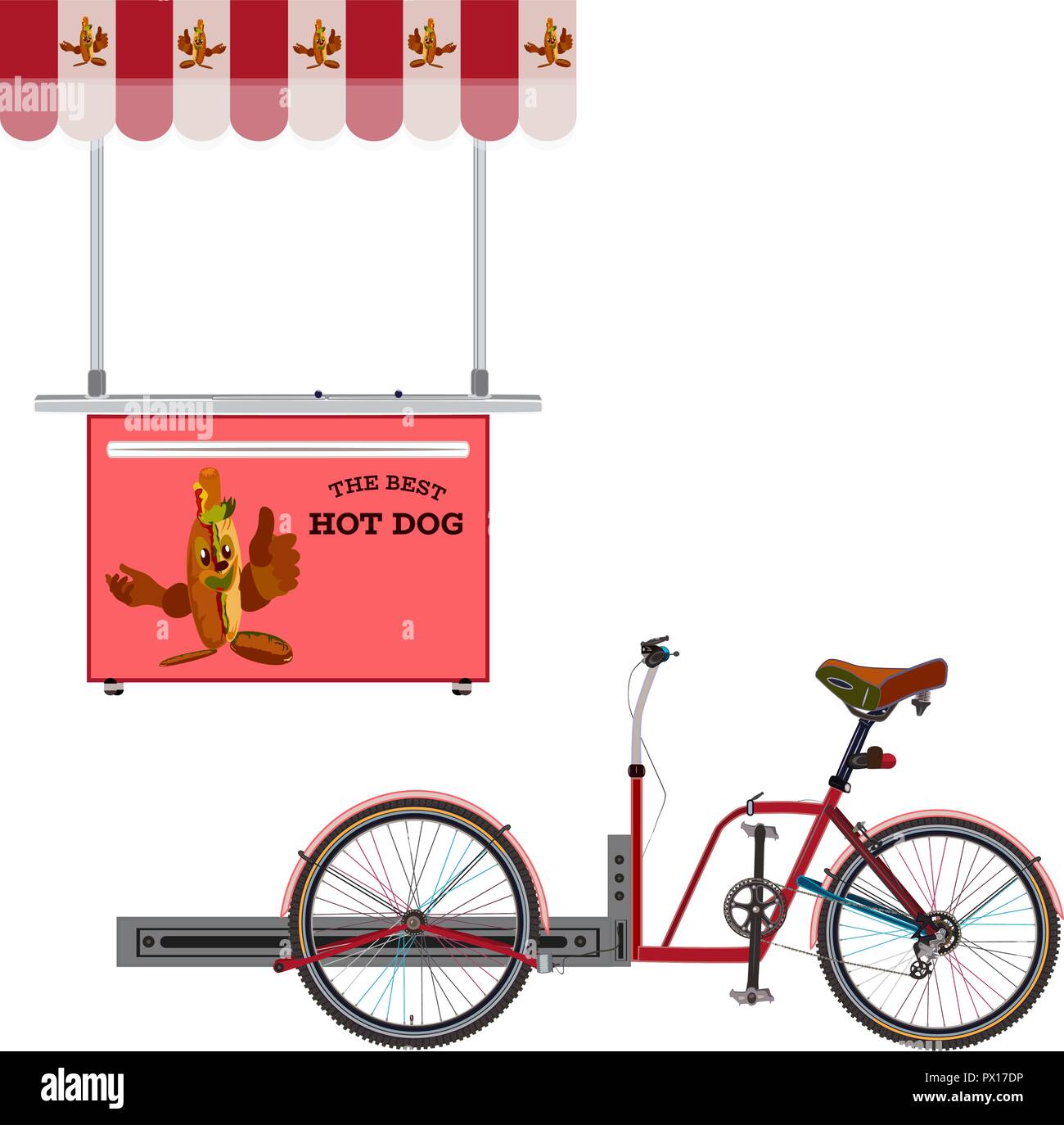 Hot Dog bike e street food vettore illustrazione piana. Hot Dog carrello per street vending con salsiccia di cartone animato che mostra il pollice verso l'alto. Illustrazione Vettoriale
