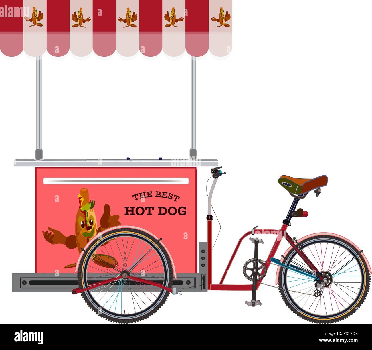 Hot Dog bike vettore illustrazione piana. Hot Dog carrello per street vending con salsiccia di cartone animato che mostra il pollice verso l'alto. Illustrazione Vettoriale