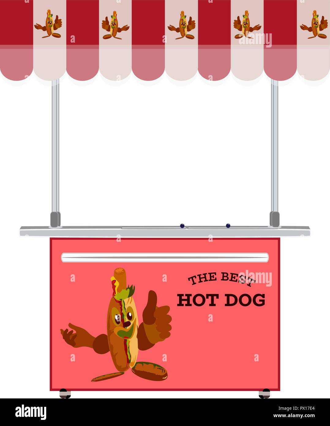 Hot Dog stand vettore illustrazione piana. Hot Dog carrello per street vending con salsiccia di cartone animato che mostra il pollice verso l'alto. Illustrazione Vettoriale