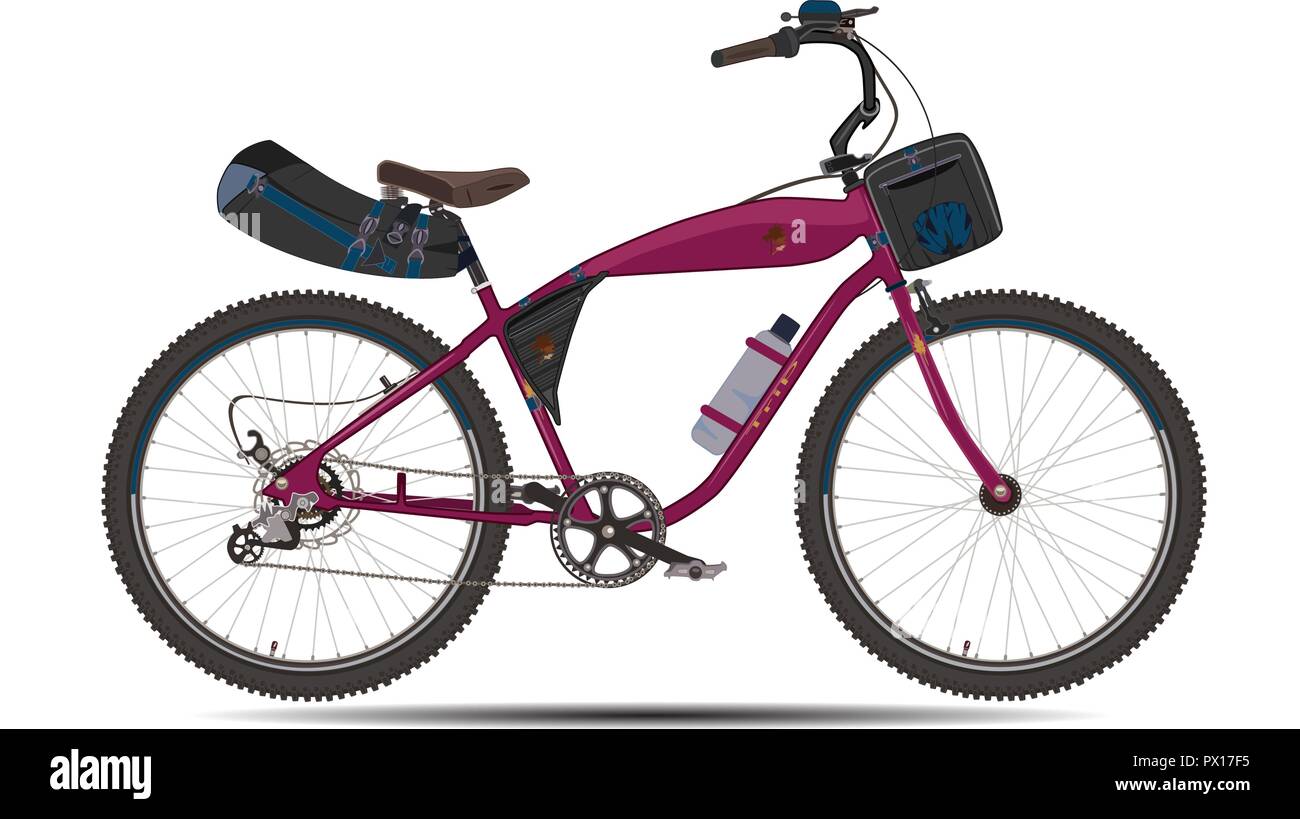 Illustrazione Vettoriale di bikepacking bicicletta con bisaccia, telaio e manubrio sacchetti. Road bike ibrida con ingranaggio bikepacking. Uno stile piatto elemento di design Illustrazione Vettoriale