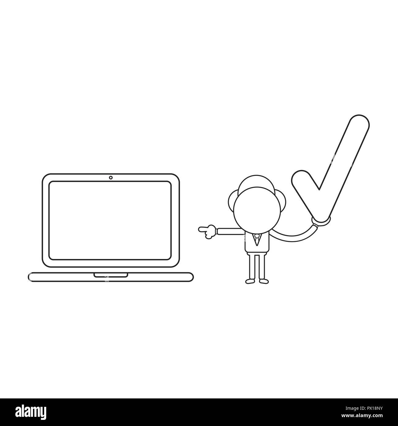 Illustrazione Vettoriale nozione di imprenditore carattere tenendo premuto segno di spunta e puntamento computer laptop. Contorno nero. Illustrazione Vettoriale