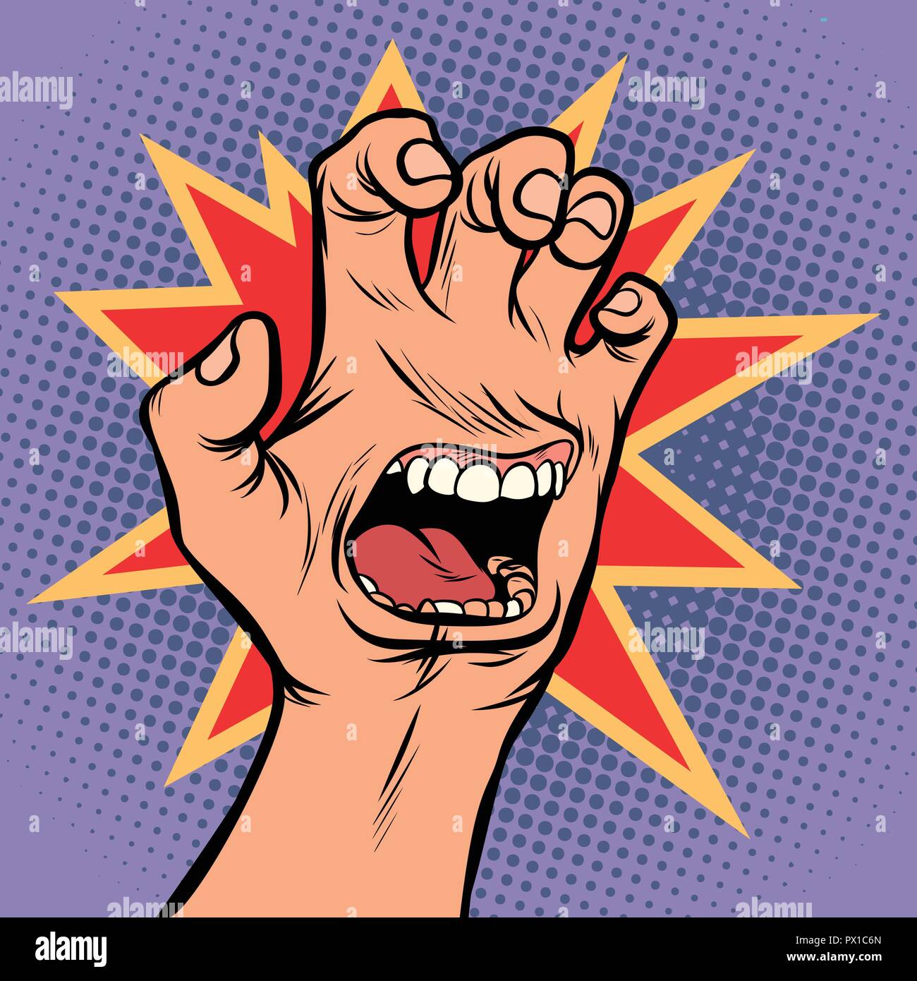 Bocca emozione rabbia mano gesto scratch Illustrazione Vettoriale