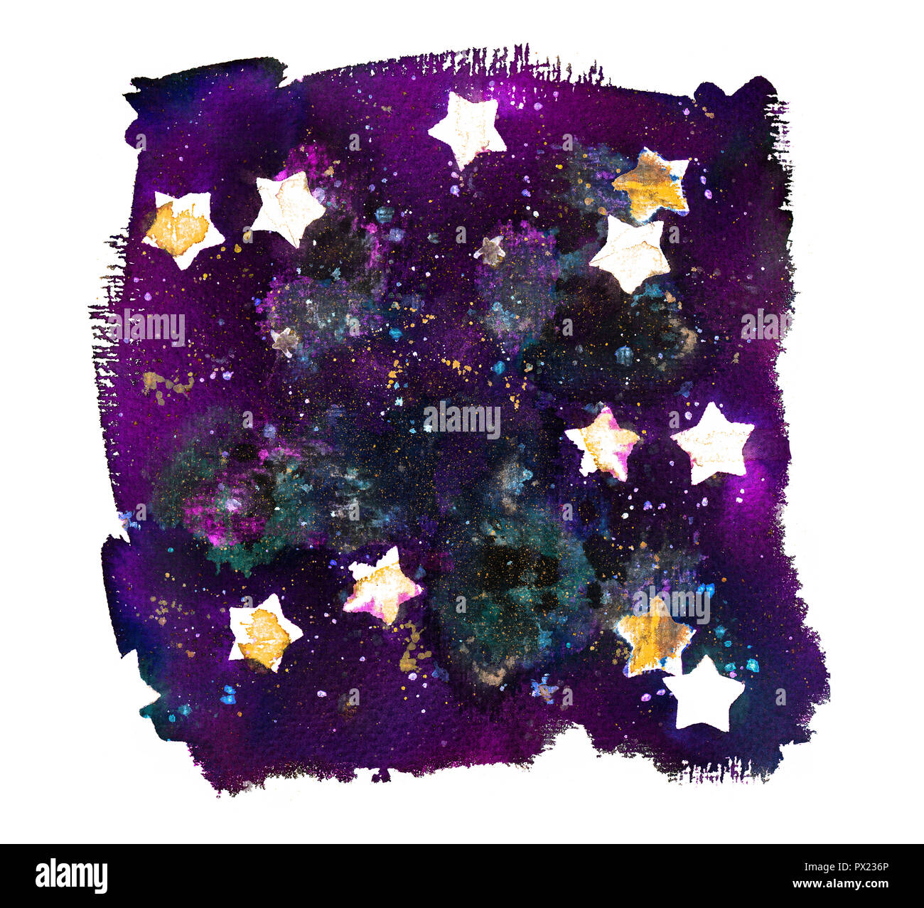 Un acquerello astratto texture di sfondo con stelle su un cielo scuro Foto Stock