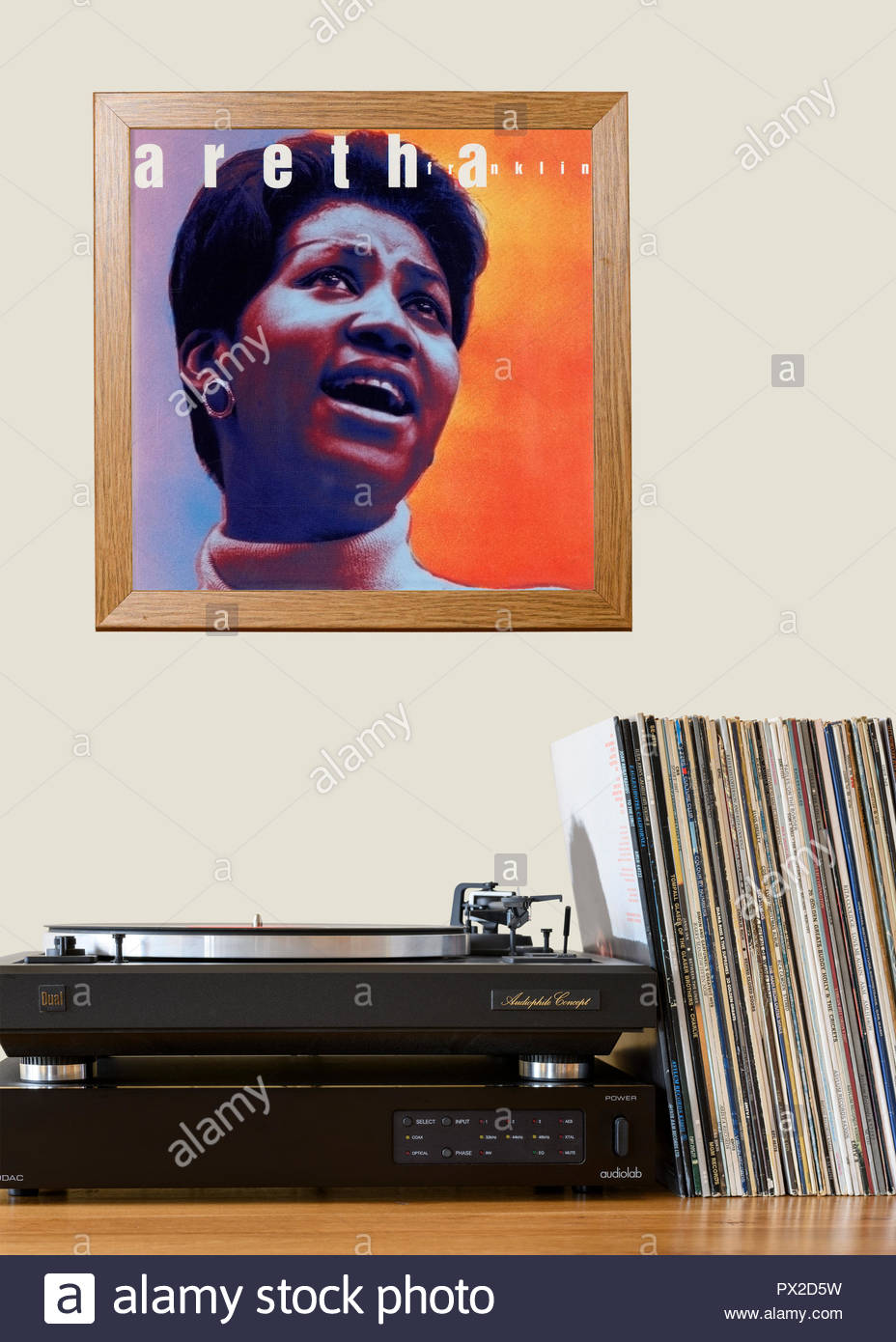 Record giocatore e incorniciato copertina album Aretha Franklin album, Inghilterra Foto Stock