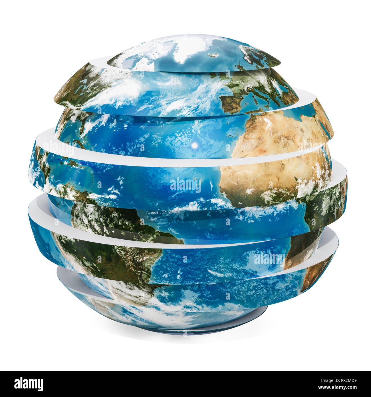 Fette di globo terrestre, rendering 3D isolati su sfondo bianco Foto Stock