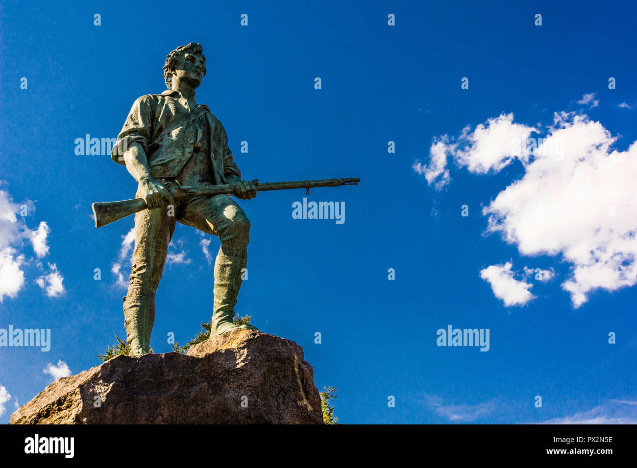 Minuteman statua Battaglia di Lexington Green _ Lexington, Massachusetts, STATI UNITI D'AMERICA Foto Stock